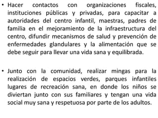 • Hacer contactos con organizaciones fiscales,
instituciones públicas y privadas, para capacitar a
autoridades del centro infantil, maestras, padres de
familia en el mejoramiento de la infraestructura del
centro, difundir mecanismos de salud y prevención de
enfermedades glandulares y la alimentación que se
debe seguir para llevar una vida sana y equilibrada.
• Junto con la comunidad, realizar mingas para la
realización de espacios verdes, parques infantiles
lugares de recreación sana, en donde los niños se
diviertan junto con sus familiares y tengan una vida
social muy sana y respetuosa por parte de los adultos.
 