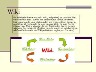 Wiki
Un Wiki (del hawaiano wiki wiki, «rápido») es un sitio Web
colaborativo que puede ser editado por varios usuarios.
Los usuarios de una wiki pueden así crear, editar, borrar o
modificar el contenido de una página Web, de una forma
interactiva, fácil y rápida; dichas facilidades hacen de una
wiki una herramienta efectiva para la escritura colaborativa.
(definición tomada de Wikipedia) (en ingles, en francés )
 
