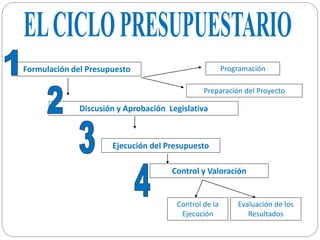 Formulación del Presupuesto Programación
Preparación del Proyecto
Discusión y Aprobación Legislativa
Ejecución del Presupuesto
Control y Valoración
Control de la
Ejecución
Evaluación de los
Resultados
 