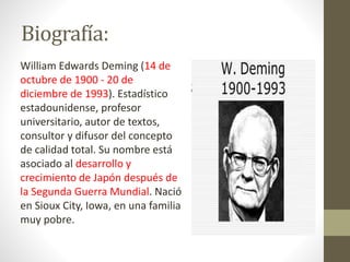 Biografía: 
William Edwards Deming (14 de 
octubre de 1900 - 20 de 
diciembre de 1993). Estadístico 
estadounidense, profesor 
universitario, autor de textos, 
consultor y difusor del concepto 
de calidad total. Su nombre está 
asociado al desarrollo y 
crecimiento de Japón después de 
la Segunda Guerra Mundial. Nació 
en Sioux City, Iowa, en una familia 
muy pobre. 
 