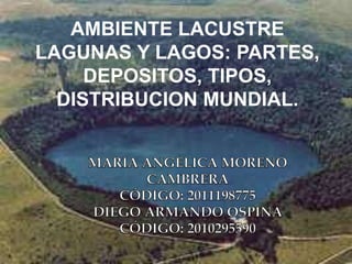 AMBIENTE LACUSTRE 
LAGUNAS Y LAGOS: PARTES, 
DEPOSITOS, TIPOS, 
DISTRIBUCION MUNDIAL. 
 