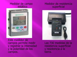 Medidor de campo 
estático 
Este medidor de 
campos permite medir 
y registrar la intensidad 
y la polaridad de los 
campos. 
Medidor de resistencia 
superficial 
Las 730 medidas de la 
resistencia superficial 
y resistencia a la 
tierra. 
 