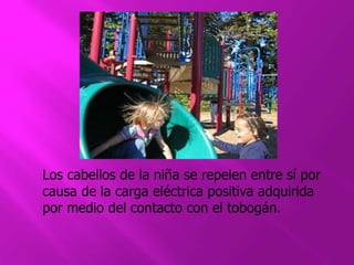Los cabellos de la niña se repelen entre sí por 
causa de la carga eléctrica positiva adquirida 
por medio del contacto con el tobogán. 
 