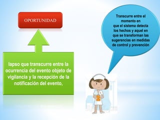 OPORTUNIDAD
lapso que transcurre entre la
ocurrencia del evento objeto de
vigilancia y la recepción de la
notificación del evento,
Transcurre entre el
momento en
que el sistema detecta
los hechos y aquel en
que se transforman las
sugerencias en medidas
de control y prevención
 