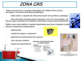  Debe comunicar por un pasillo al laboratorio de análisis clínico, banco
de sangre y al servicio de anatomía-patológica.
· Debe existir un aparato de intercomunicación del quirófano a patología
· Área de lavado quirúrgico para el personal, con uno o dos lavabos, con
flujo de agua accionado con rodilleras o electrónico al igual que las jaboneras.
Deben incluir porta cepillos o cepillos desechables que lleven integrado el jabón
 Sala de recuperación posoperatoria:
· estetoscopio
· unidad de oxígeno y aspiración
· gabinete de medicamentos de urgencia
· carro de paro cardiaco
· equipo de traqueostomía
·
 