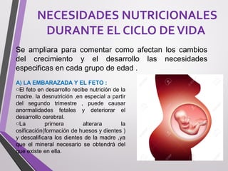 NECESIDADES NUTRICIONALES
DURANTE EL CICLO DEVIDA
Se ampliara para comentar como afectan los cambios
del crecimiento y el desarrollo las necesidades
especificas en cada grupo de edad .
A) LA EMBARAZADA Y EL FETO :
oEl feto en desarrollo recibe nutrición de la
madre. la desnutrición ,en especial a partir
del segundo trimestre , puede causar
anormalidades fetales y deteriorar el
desarrollo cerebral.
oLa primera alterara la
osificación(formación de huesos y dientes )
y descalificara los dientes de la madre ,ya
que el mineral necesario se obtendrá del
que existe en ella.
 