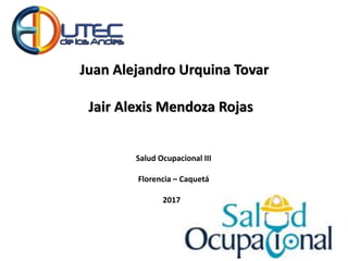 Juan Alejandro Urquina Tovar
Jair Alexis Mendoza Rojas
Salud Ocupacional III
Florencia – Caquetá
2017
 