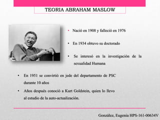 González, Eugenia HPS-161-00634V
TEORIA ABRAHAM MASLOW
• Nació en 1908 y falleció en 1976
• En 1934 obtuvo su doctorado
• Se interesó en la investigación de la
sexualidad Humana
• En 1951 se convirtió en jede del departamento de PSC
durante 10 años
• Años después conoció a Kurt Goldstein, quien lo llevo
al estudio de la auto-actualización.
 