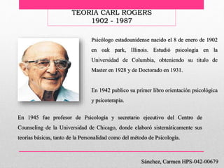Sánchez, Carmen HPS-042-00679
TEORIA CARL ROGERS
1902 - 1987
Psicólogo estadounidense nacido el 8 de enero de 1902
en oak park, Illinois. Estudió psicología en la
Universidad de Columbia, obteniendo su titulo de
Master en 1928 y de Doctorado en 1931.
En 1942 publico su primer libro orientación psicológica
y psicoterapia.
En 1945 fue profesor de Psicología y secretario ejecutivo del Centro de
Counseling de la Universidad de Chicago, donde elaboró sistemáticamente sus
teorías básicas, tanto de la Personalidad como del método de Psicología.
 