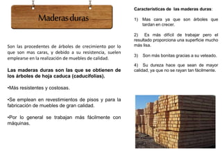 Maderasduras
Características de las maderas duras:
1) Mas cara ya que son árboles que
tardan en crecer.
2) Es más difícil de trabajar pero el
resultado proporciona una superficie mucho
más lisa.
3) Son más bonitas gracias a su veteado.
4) Su dureza hace que sean de mayor
calidad, ya que no se rayan tan fácilmente.
Son las procedentes de árboles de crecimiento por lo
que son mas caras, y debido a su resistencia, suelen
emplearse en la realización de muebles de calidad.
Las maderas duras son las que se obtienen de
los árboles de hoja caduca (caducifolias).
•Más resistentes y costosas.
•Se emplean en revestimientos de pisos y para la
fabricación de muebles de gran calidad.
•Por lo general se trabajan más fácilmente con
máquinas.
 