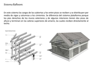 Sistema Balloom:
En este sistema las cargas de las cubiertas y los entre pisos se reciben y se distribuyen por
medio de vigas y columnas a los cimientos. Se diferencia del sistema plataforma porque
los pies derechos de los muros exteriores y de algunos interiores tienen dos pisos de
altura y terminan en las soleras superiores de amarre, las cuales reciben directamente al
techo.
 