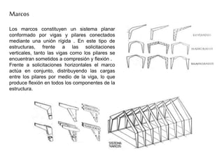 Marcos
Los marcos constituyen un sistema planar
conformado por vigas y pilares conectados
mediante una unión rígida . En este tipo de
estructuras, frente a las solicitaciones
verticales, tanto las vigas como los pilares se
encuentran sometidos a compresión y flexión .
Frente a solicitaciones horizontales el marco
actúa en conjunto, distribuyendo las cargas
entre los pilares por medio de la viga, lo que
produce flexión en todos los componentes de la
estructura.
 