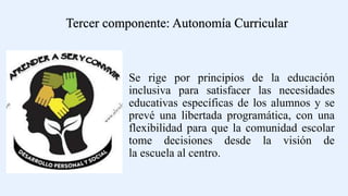 Se rige por principios de la educación
inclusiva para satisfacer las necesidades
educativas específicas de los alumnos y se
prevé una libertada programática, con una
flexibilidad para que la comunidad escolar
tome decisiones desde la visión de
la escuela al centro.
Tercer componente: Autonomía Curricular
 