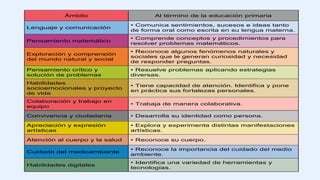 Ámbito Al término de la educación primaria
Lenguaje y comunicación
• Comunica sentimientos, sucesos e ideas tanto
de forma oral como escrita en su lengua materna.
Pensamiento matemático
• Comprende conceptos y procedimientos para
resolver problemas matemáticos.
Exploración y comprensión
del mundo natural y social
• Reconoce algunos fenómenos naturales y
sociales que le generan curiosidad y necesidad
de responder preguntas.
Pensamiento crítico y
solución de problemas
• Resuelve problemas aplicando estrategias
diversas.
Habilidades
socioemocionales y proyecto
de vida
• Tiene capacidad de atención. Identifica y pone
en práctica sus fortalezas personales.
Colaboración y trabajo en
equipo
• Trabaja de manera colaborativa.
Convivencia y ciudadanía • Desarrolla su identidad como persona.
Apreciación y expresión
artísticas
• Explora y experimenta distintas manifestaciones
artísticas.
Atención al cuerpo y la salud • Reconoce su cuerpo.
Cuidado del medioambiente
• Reconoce la importancia del cuidado del medio
ambiente.
Habilidades digitales
• Identifica una variedad de herramientas y
tecnologías.
 