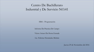 Centro De Bachillerato
Industrial y De Servicio NO.41
5BM – Programación
Informe De Practica De Campo
Víctor Arturo De Horta Estrada
Lic. Felicitas Hernández Beltrán
Jueves 29 de Noviembre del 2016
 