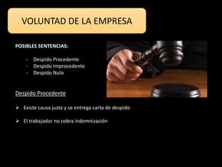 VOLUNTAD DE LA EMPRESA
POSIBLES SENTENCIAS:
- Despido Procedente
- Despido Improcedente
- Despido Nulo
Despido Procedente
 Existe causa justa y se entrega carta de despido
 El trabajador no cobra indemnización
 