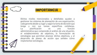 IMPORTANCIA
Dichos niveles mencionados y detallados ayudan a
gestionar los sistemas de planeación de una organización,
cada gerente desde su lugar y según la toma de decisión que
tenga y con sus tareas específicas cotidianas.
La planificación es una función
administrativa que comprende el análisis de una situación,
el establecimiento de objetivos, la formulación de
estrategias que permitan alcanzar dichos objetivos, y el
desarrollo de planes de acción que señalen cómo
implementar estrategias.
 