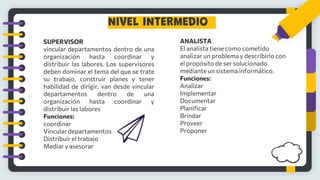 NIVEL INTERMEDIO
SUPERVISOR
vincular departamentos dentro de una
organización hasta coordinar y
distribuir las labores. Los supervisores
deben dominar el tema del que se trate
su trabajo, construir planes y tener
habilidad de dirigir. van desde vincular
departamentos dentro de una
organización hasta coordinar y
distribuir las labores
Funciones:
coordinar
Vincular departamentos
Distribuir el trabajo
Mediar y asesorar
ANALISTA
El analista tiene como cometido
analizar un problema y describirlo con
el propósito de ser solucionado
mediante un sistema informático.
Funciones:
Analizar
Implementar
Documentar
Planificar
Brindar
Proveer
Proponer
 