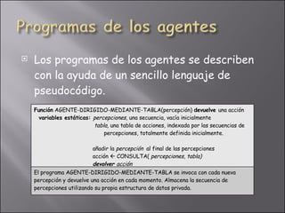 Los programas de los agentes se describen con la ayuda de un sencillo lenguaje de pseudocódigo.  Función  AGENTE-DIRIGIDO-MEDIANTE-TABLA(percepción)  devuelve  una acción variables estáticas:  percepciones , una secuencia, vacía inicialmente tabla,  una tabla de acciones, indexada por las secuencias de  percepciones, totalmente definida inicialmente. añadir la  percepción  al final de las percepciones acción    CONSULTA(  percepciones, tabla) devolver  acción El programa AGENTE-DIRIGIDO-MEDIANTE-TABLA se invoca con cada nueva percepción y devuelve una acción en cada momento. Almacena la secuencia de percepciones utilizando su propia estructura de datos privada. 