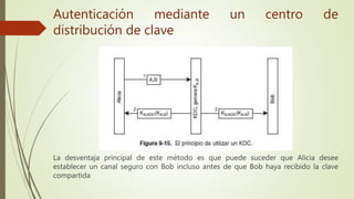 La desventaja principal de este método es que puede suceder que Alicia desee
establecer un canal seguro con Bob incluso antes de que Bob haya recibido la clave
compartida
Autenticación mediante un centro de
distribución de clave
 