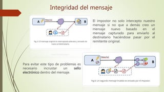 El impostor no solo intercepto nuestro
mensaje si no que a demás creo un
mensaje nuevo basado en el
mensaje capturado para enviarlo al
destinatario haciéndose pasar por el
remitente original.
Para evitar este tipo de problemas es
necesario incrustar un sello
electrónico dentro del mensaje.
Integridad del mensaje
 