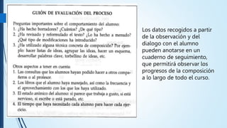 Los datos recogidos a partir
de la observación y del
dialogo con el alumno
pueden anotarse en un
cuaderno de seguimiento,
que permitirá observar los
progresos de la composición
a lo largo de todo el curso.
 