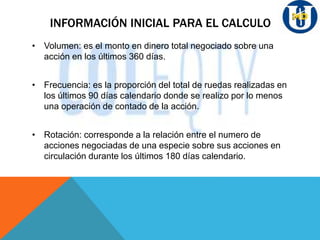 INFORMACIÓN INICIAL PARA EL CALCULO
• Volumen: es el monto en dinero total negociado sobre una
acción en los últimos 360 días.
• Frecuencia: es la proporción del total de ruedas realizadas en
los últimos 90 días calendario donde se realizo por lo menos
una operación de contado de la acción.
• Rotación: corresponde a la relación entre el numero de
acciones negociadas de una especie sobre sus acciones en
circulación durante los últimos 180 días calendario.
 