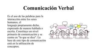 Comunicación Verbal
Es el uso de las palabras para la
interacción entre los seres
humanos, el
lenguaje propiamente dicho,
expresado de manera hablada o
escrita. Constituye un nivel
primario de comunicación y se
centra en "lo que se dice". La
base de este tipo de comunicación
está en la utilización de
conceptos.
 