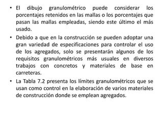 • El dibujo granulométrico puede considerar los
porcentajes retenidos en las mallas o los porcentajes que
pasan las mallas empleadas, siendo este último el más
usado.
• Debido a que en la construcción se pueden adoptar una
gran variedad de especificaciones para controlar el uso
de los agregados, solo se presentarán algunos de los
requisitos granulométricos más usuales en diversos
trabajos con concretos y materiales de base en
carreteras.
• La Tabla 7.2 presenta los límites granulométricos que se
usan como control en la elaboración de varios materiales
de construcción donde se emplean agregados.
 