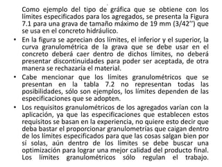 •
Como ejemplo del tipo de gráfica que se obtiene con los
límites especificados para los agregados, se presenta la Figura
7.1 para una grava de tamaño máximo de 19 mm (3/42’’) que
se usa en el concreto hidráulico.
• En la figura se aprecian dos límites, el inferior y el superior, la
curva granulométrica de la grava que se debe usar en el
concreto deberá caer dentro de dichos límites, no deberá
presentar discontinuidades para poder ser aceptada, de otra
manera se rechazaría el material.
• Cabe mencionar que los límites granulométricos que se
presentan en la tabla 7.2 no representan todas las
posibilidades, sólo son ejemplos, los límites dependen de las
especificaciones que se adopten.
• Los requisitos granulométricos de los agregados varían con la
aplicación, ya que las especificaciones que establecen estos
requisitos se basan en la experiencia, no quiere esto decir que
deba bastar el proporcionar granulometrías que caigan dentro
de los límites especificados para que las cosas salgan bien por
sí solas, aún dentro de los límites se debe buscar una
optimización para lograr una mejor calidad del producto final.
Los límites granulométricos sólo regulan el trabajo.
 