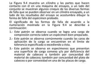 La Figura 9.4 muestra un cilindro y las partes que hacen
contacto con él en una máquina de ensayos, a un lado del
conjunto se muestran algunos croquis de las diversas formas
de falla que se pueden observar en un cilindro ensayado, a un
lado de los resultados del ensayo se acostumbra dibujar la
forma de falla del espécimen probado.
El significado de las formas de falla de acuerdo a la
numeración mostrada en la Figura 9.4 se describe a
continuación:
1.- Este patrón se observa cuando se logra una carga de
compresión correcta sobre un espécimen bien preparado.
2.- Este patrón se observa comúnmente cuando las caras de
aplicación de la carga se encuentran en el límite de
tolerancia especificada o excediendo a ésta.
3.- Este patrón se observa en especímenes que presentan
una superficie de carga convexa y/o por deficiencia del
material de cabeceo o también por concavidad del
material de cabeceo; también por concavidad del plato de
cabeceo o por convexidad en una de las placas de carga.
 