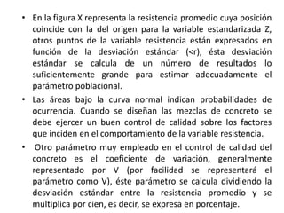 • En la figura X representa la resistencia promedio cuya posición
coincide con la del origen para la variable estandarizada Z,
otros puntos de la variable resistencia están expresados en
función de la desviación estándar (<r), ésta desviación
estándar se calcula de un número de resultados lo
suficientemente grande para estimar adecuadamente el
parámetro poblacional.
• Las áreas bajo la curva normal indican probabilidades de
ocurrencia. Cuando se diseñan las mezclas de concreto se
debe ejercer un buen control de calidad sobre los factores
que inciden en el comportamiento de la variable resistencia.
• Otro parámetro muy empleado en el control de calidad del
concreto es el coeficiente de variación, generalmente
representado por V (por facilidad se representará el
parámetro como V), éste parámetro se calcula dividiendo la
desviación estándar entre la resistencia promedio y se
multiplica por cien, es decir, se expresa en porcentaje.
 
