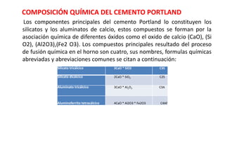 COMPOSICIÓN QUÍMICA DEL CEMENTO PORTLAND
Los componentes principales del cemento Portland lo constituyen los
silicatos y los aluminatos de calcio, estos compuestos se forman por la
asociación química de diferentes óxidos como el oxido de calcio (CaO), (Si
O2), (Al2O3),(Fe2 O3). Los compuestos principales resultado del proceso
de fusión química en el horno son cuatro, sus nombres, formulas químicas
abreviadas y abreviaciones comunes se citan a continuación:
Silicato tricálcico 3CaO * SiO2 C3S
Silicato dicálcico 2CaO * SiO2 C2S
Aluminato tricálcico 3CaO * Al2O3 C3A
Aluminoferrito tetracálcico 4CaO * Al2O3 * Fe2O3 C4AF
 