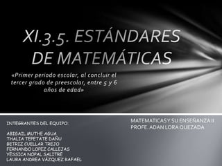 «Primer periodo escolar, al concluir el
 tercer grado de preescolar, entre 5 y 6
             años de edad»




INTEGRANTES DEL EQUIPO:
                                           MATEMATICAS Y SU ENSEÑANZA II
                                           PROFE. ADAN LORA QUEZADA
ABIGAIL MUTHE AGUA
THALIA TEPETATE DAÑU
BETRIZ CUELLAR TREJO
FERNANDO LOPEZ CALLEJAS
YESSICA NOPAL SALITRE
LAURA ANDREA VÁZQUEZ RAFAEL
 