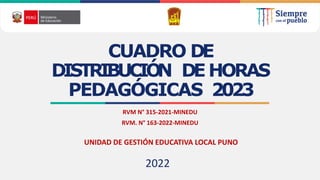 2021
2
CUADRO DE
DISTRIBUCIÓ
N DEHORAS
PEDAGÓGICAS 2023
RVM N° 315-2021-MINEDU
RVM. N° 163-2022-MINEDU
2022
UNIDAD DE GESTIÓN EDUCATIVA LOCAL PUNO
 