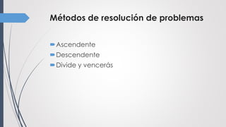 Métodos de resolución de problemas
Ascendente
Descendente
Divide y vencerás
 