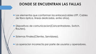 DONDE SE ENCUENTRAN LAS FALLAS
 Los elementos que conforman los enlaces(cables UTP, Cables
de fibra óptica, lineas dedicadas, entre otros).
 Dispositivos de comunicacion(Concentradores, Switch,
Routers).
 Sistemas Finales(Clientes, Servidores).
 La operacion incorrecta por parte de usuarios y operadores.
 