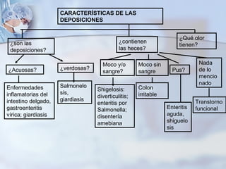 CARACTERÍSTICAS DE LAS DEPOSICIONES ¿son las deposiciones? ¿Acuosas? Enfermedades inflamatorias del intestino delgado, gastroenteritis vírica; giardiasis ¿verdosas? Salmonelosis, giardiasis ¿contienen las heces? Moco y/o sangre? Shigelosis: diverticulitis; enteritis por Salmonella; disentería amebiana Moco sin sangre Colon irritable Pus? Enteritis aguda, shiguelosis Nada de lo mencionado Transtorno funcional ¿Qué olor tienen? 
