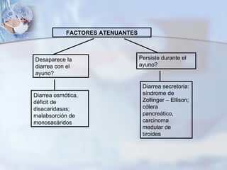 FACTORES ATENUANTES Desaparece la diarrea con el ayuno? Persiste durante el ayuno? Diarrea osmótica, déficit de disacaridasas; malabsorción de monosacáridos Diarrea secretoria: síndrome de Zollinger – Ellison; cólera pancreático, carcinoma medular de tiroides 