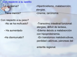 Con respecto a su apetito Lo conserva?  -Hipertiroidismo,   malabsorción;  alergias. Tiene menos?  -Uremia, carcinoma. Con respecto a su peso? -No se ha moficado?  -Transotrno intestinal funcional: alergias, déficit de lactasa,. - Ha aumentado  -Edema debido a malabsorción con hipoproteinemia. -Ha dismiunuido?  -En transtornos malobstructivas, perdidad calóricas, páncreas del  enteritis regional. 