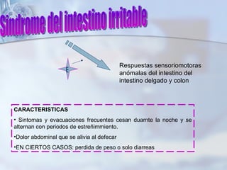 Sindrome del intestino irritable Respuestas sensoriomotoras anómalas del intestino del intestino delgado y colon  E CARACTERISTICAS Sintomas y evacuaciones frecuentes cesan duarnte la noche y se alternan con periodos de estreñimmiento. Dolor abdominal que se alivia al defecar EN CIERTOS CASOS: perdida de peso o solo diarreas 
