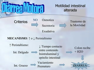Motilidad intestinal alterada <ul><li>Criterios  </li></ul>Osmotica Secretoria Exudativa Trastorno de la Motilidad NO MECA...