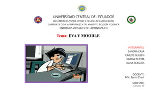 UNIVERSIDAD CENTRAL DEL ECUADOR
FACULTAD DE FILOSOFÍA, LETRAS Y CIENCIAS DE LA EDUCACIÓN
CARRERA DE CIENCIAS NATURALES Y DEL AMBIENTE, BIOLOGÍA Y QUÍMICA
ENTORNOS VIRTUALES DEL APRENDIZAJE II
Tema: EVA Y MOODLE
INTEGRANTES:
SANDRA CASA
CARLOS GUILLÉN
KARINA PILICITA
DIANA REASCOS
DOCENTE:
MSc. Byron Chasi
SEMESTRE:
Octavo “A”
 