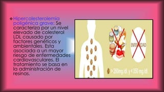 Hipercolesterolemia
poligénica grave: Se
caracteriza por un nivel
elevado de colesterol
LDL causado por
factores genéticos y
ambientales. Esta
asociada a un mayor
riesgo de enfermedades
cardiovasculares. El
tratamiento se basa en
la administración de
resinas.
 