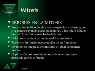 Mitosis <ul><li>ERRORES EN LA MITOSIS </li></ul><ul><li>Proceso traumático donde ciertos organelos se desintegran y se rec...
