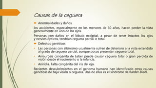 Causas de la ceguera
 Anormalidades y daños
los accidentes, especialmente en los menores de 30 años, hacen perder la vista
generalmente en uno de los ojos.
Personas con daños en el lóbulo occipital, a pesar de tener intactos los ojos
y nervios ópticos, tendrían ceguera parcial o total.
 Defectos genéticos
• Las personas con albinismo usualmente sufren de deterioro a la vista extendido
al grado de ceguera parcial, aunque pocos presentan ceguera total.
• Amaurosis congénita de Leber puede causar ceguera total o gran perdida de
visión desde el nacimiento o la infancia.
• Aniridia. Falta congénita del iris del ojo.
Recientes descubrimientos en el genoma humano han identificado otras causas
genéticas de baja visión o ceguera. Una de ellas es el síndrome de Bardet-Biedl.
 