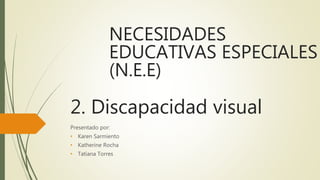 2. Discapacidad visual
Presentado por:
• Karen Sarmiento
• Katherine Rocha
• Tatiana Torres
NECESIDADES
EDUCATIVAS ESPECIALES
(N.E.E)
 