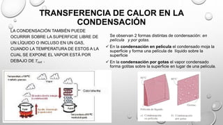 TRANSFERENCIA DE CALOR EN LA
CONDENSACIÓN
LA CONDENSACIÓN TAMBIÉN PUEDE
OCURRIR SOBRE LA SUPERFICIE LIBRE DE
UN LÍQUIDO O INCLUSO EN UN GAS,
CUANDO LA TEMPERATURA DE ESTOS A LA
CUAL SE EXPONE EL VAPOR ESTÁ POR
DEBAJO DE 𝑇𝑠𝑎𝑡 .
Se observan 2 formas distintas de condensación: en
película y por gotas.
 En la condensación en película el condensado moja la
superficie y forma una película de líquido sobre la
superficie
 En la condensación por gotas el vapor condensado
forma gotitas sobre la superficie en lugar de una película.
 