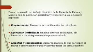 Para el desarrollo del trabajo didáctico de la Escuela de Padres y
Madres han de potenciar, posibilitar y responder a los siguientes
aspectos:
 Comunicación: Favorecer la relación entre los miembros.
 Apertura y flexibilidad: Emplear diversas estrategias, sin
limitarse a un enfoque o modelo predeterminado.
 Amplitud y comprensión: Buscar la manera de que participen el
mayor numero posible y poder abordar todos los temas posibles.
 