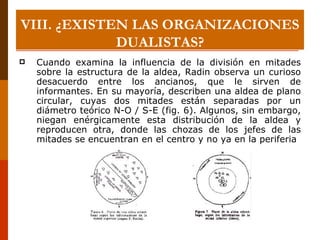 Cuando examina la influencia de la división en mitades sobre la estructura de la aldea, Radin observa un curioso desacuerdo entre los ancianos, que le sirven de informantes. En su mayoría, describen una aldea de plano circular, cuyas dos mitades están separadas por un diámetro teórico N-O / S-E (fig. 6). Algunos, sin embargo, niegan enérgicamente esta distribución de la aldea y reproducen otra, donde las chozas de los jefes de las mitades se encuentran en el centro y no ya en la periferia VIII.  ¿EXISTEN LAS ORGANIZACIONES DUALISTAS? 